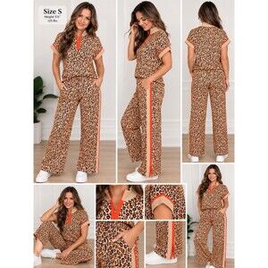 VOY Women's Leopard Print 2 Piece Lounge Set Size Small NWT Quarter Zip Wide Leg
